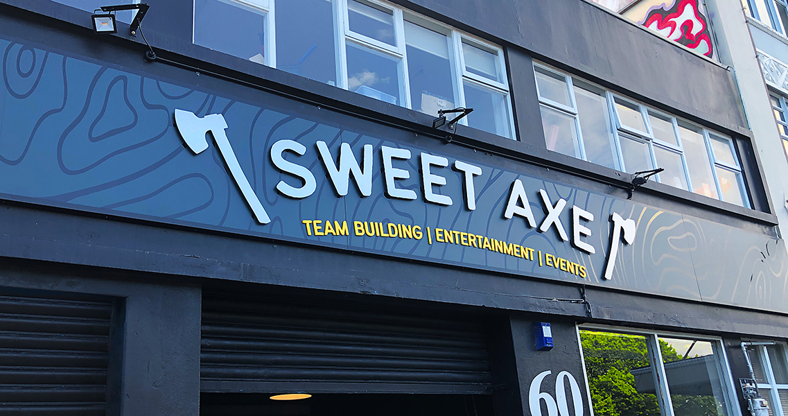 Sweet Axe Throwing shop sign install