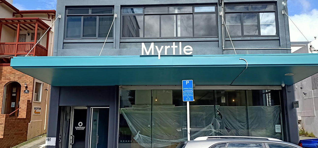 Fabricated aluminium sign for Myrtle Bakery